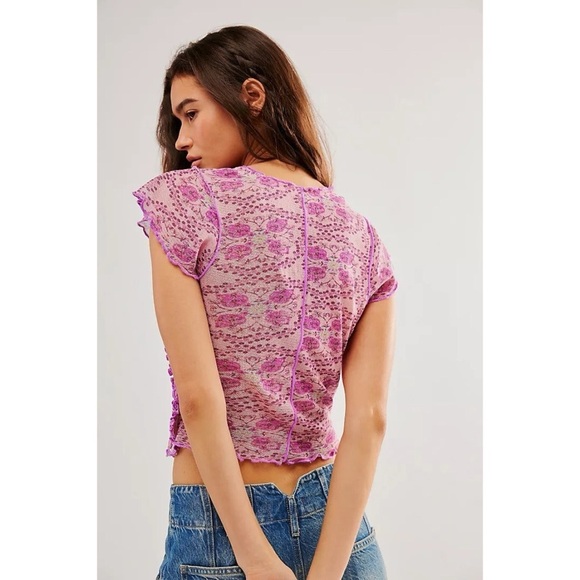 NEW Free People Oh My Baby Tee in Lilac Combo Fitted Cropped Scoop Neck - Picture 3 of 8